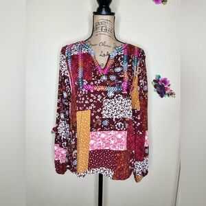 Savanna Jane Multicolor Patchwork Design Embroidered Blouse Size Small
